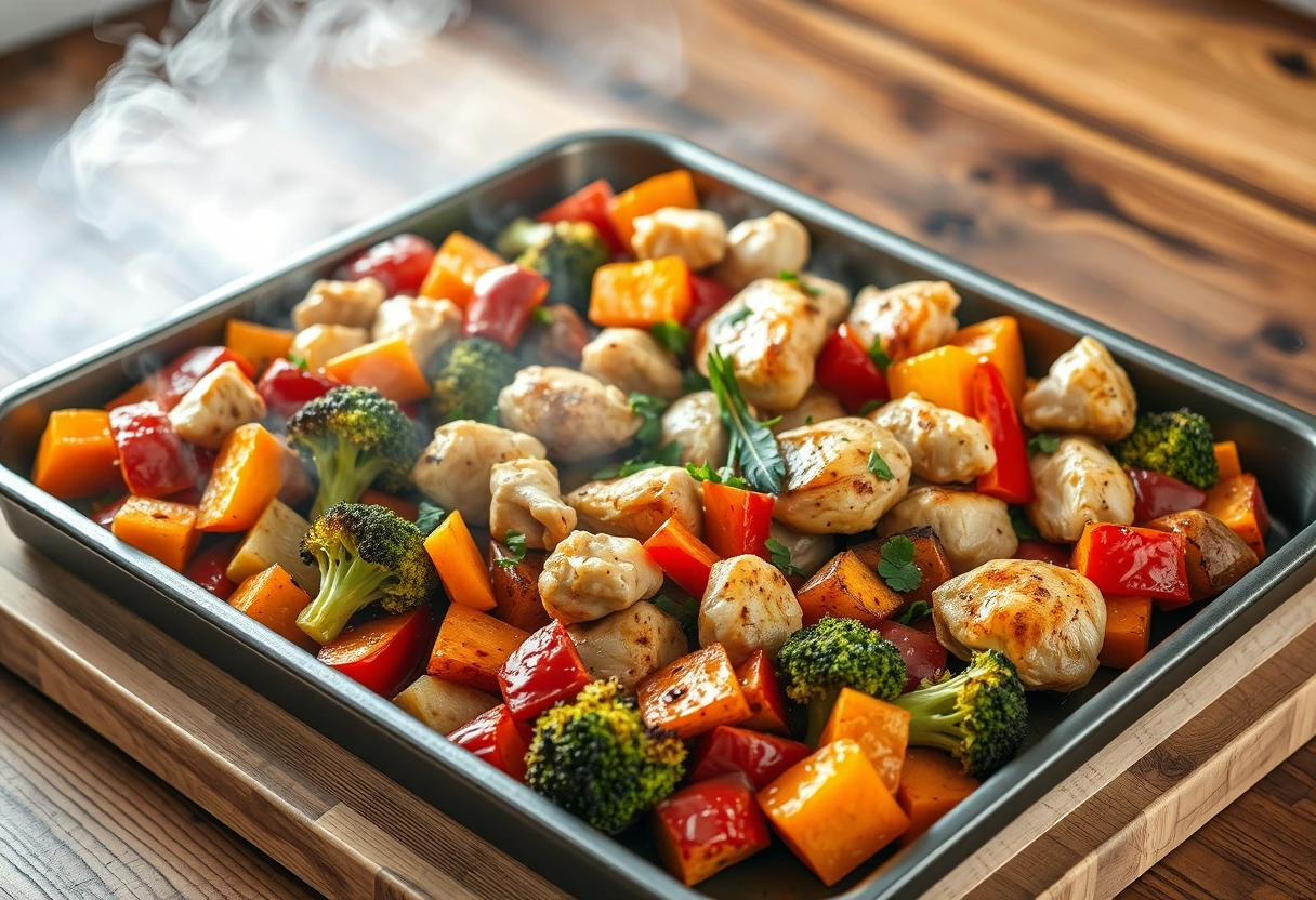 A vibrant sheet pan meal with colorful chicken and vegetables, freshly roasted and ready to eat, representing an ideal fast healthy meal for your busiest nights.