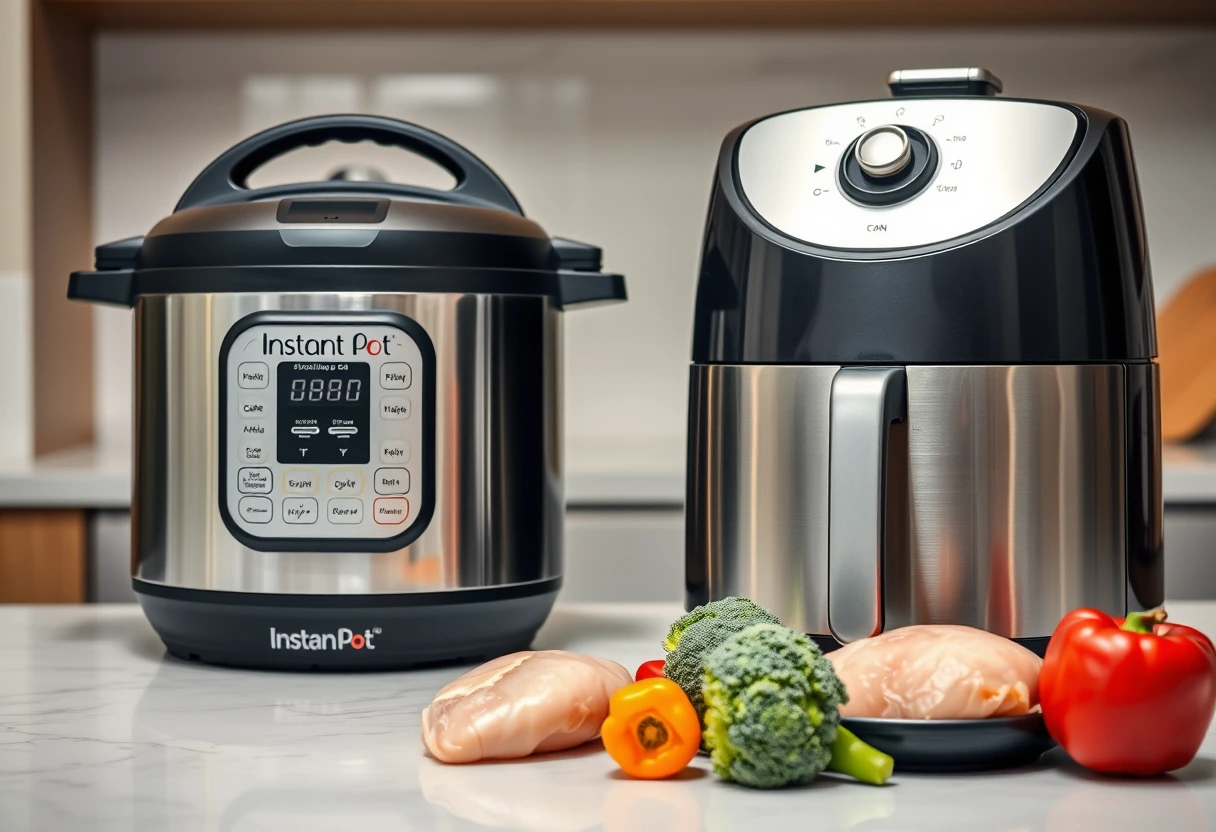 A clean, modern kitchen counter showcasing an Instant Pot and an air fryer, illustrating how these smart tools aid in preparing fast healthy meals for your busiest nights.