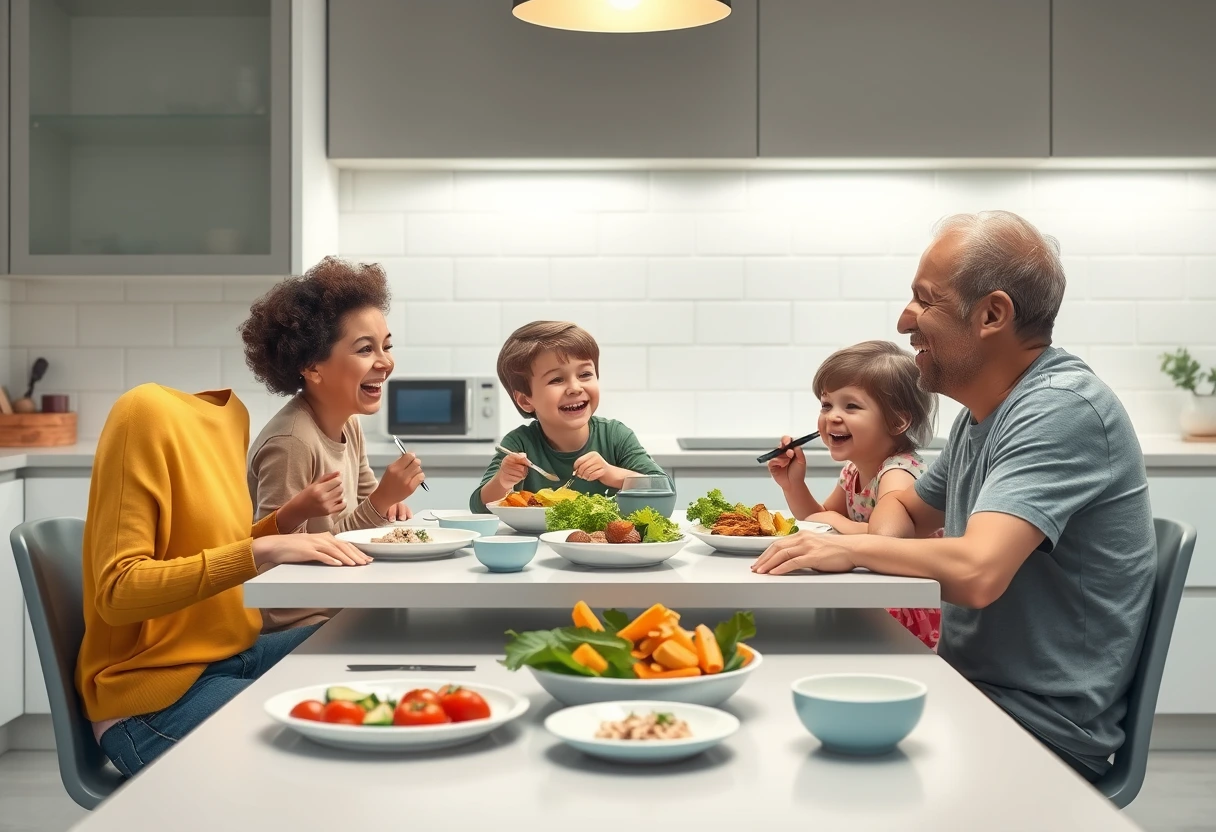 A family enjoying a delicious fast home-cooked meal together at a modern kitchen table, showing a happy and relaxed atmosphere. The food looks wholesome and inviting, emphasizing the joy of shared quick family dinners.