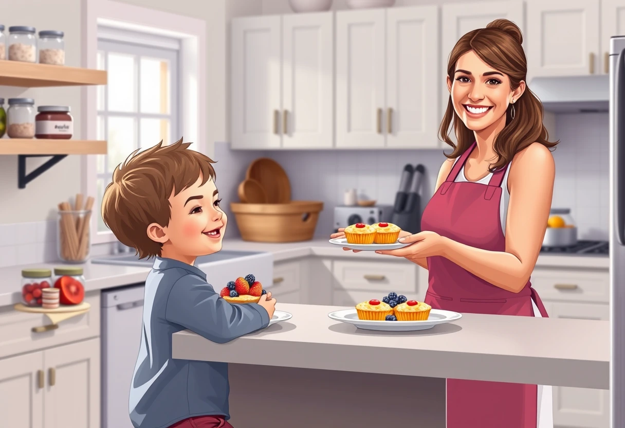 A busy mom serving Fast Kid-Friendly Breakfasts for Hectic Mornings, specifically a plate of vibrant egg muffins and fresh fruit to her smiling child at a kitchen island.