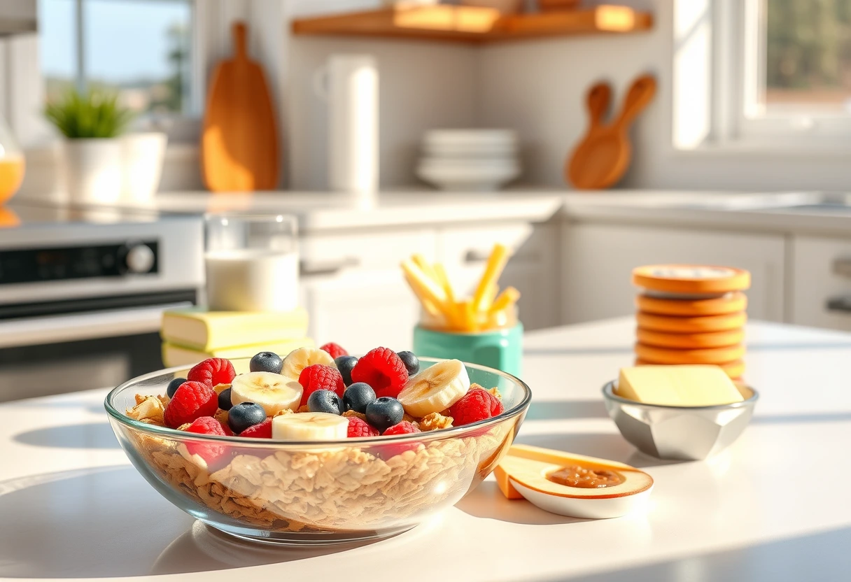 A variety of quick and easy Fast Kid-Friendly Breakfasts for Hectic Mornings, including fruit, nuts, and a colorful bowl of cereal with fresh berries, on a sunlit kitchen counter.