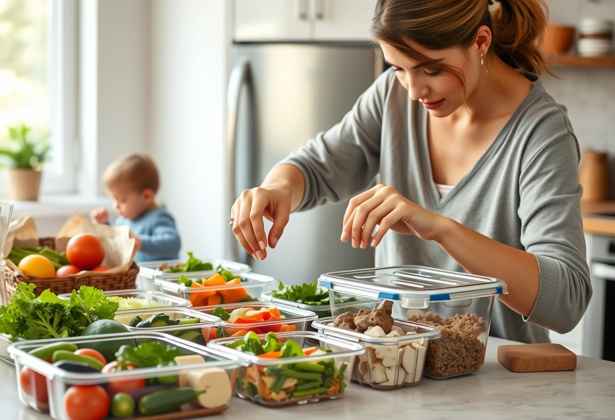 A busy young mother efficiently organizing prepped ingredients in containers for fast lunch ideas the whole family will love.