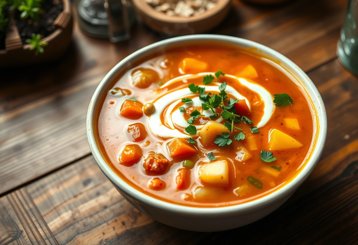 A steaming bowl of vibrant vegetable soup, garnished with fresh herbs, symbolizing delicious and fast lunch ideas the whole family will love.