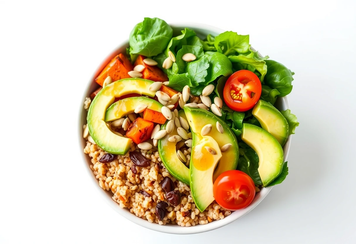A colorful, bountiful grain bowl filled with quinoa, roasted vegetables, and avocado, illustrating one of the fast lunch ideas the whole family will love.