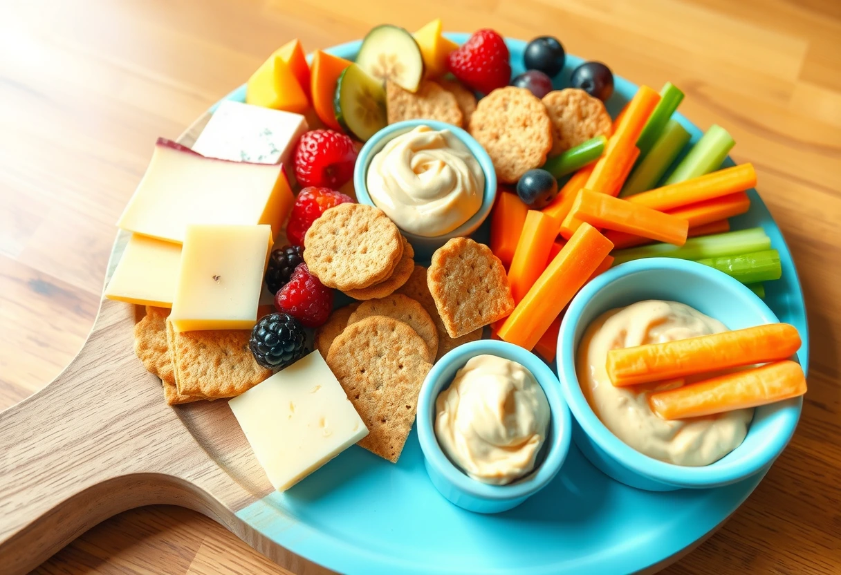 A vibrant and playful snack plate with cheese, fruit, crackers, and vegetable sticks, showcasing fun and fast lunch ideas the whole family will love.