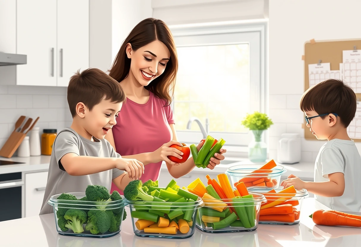 A young mother with two children in a brightly lit kitchen, laughing as they sort prepped vegetables into containers for fast meal solutions, highlighting an organized and efficient cooking space.