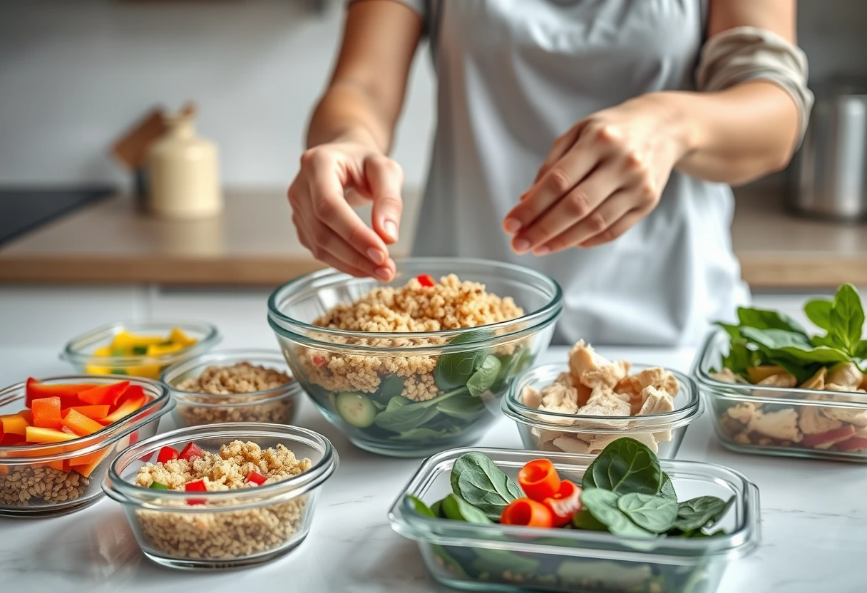 A busy mother quickly assembling a healthy meal from pre-prepped ingredients, featuring various colorful containers of chopped vegetables, cooked grains, and lean proteins, symbolizing fast meal prep solutions and efficiency.