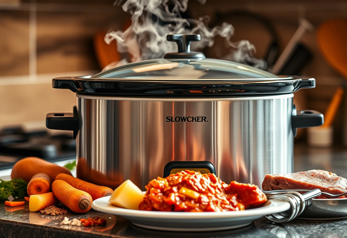 A slow cooker bubbling with a delicious stew, surrounded by raw ingredients like chopped vegetables and meat, symbolizing easy and nutritious fast meals for single moms on busy nights.