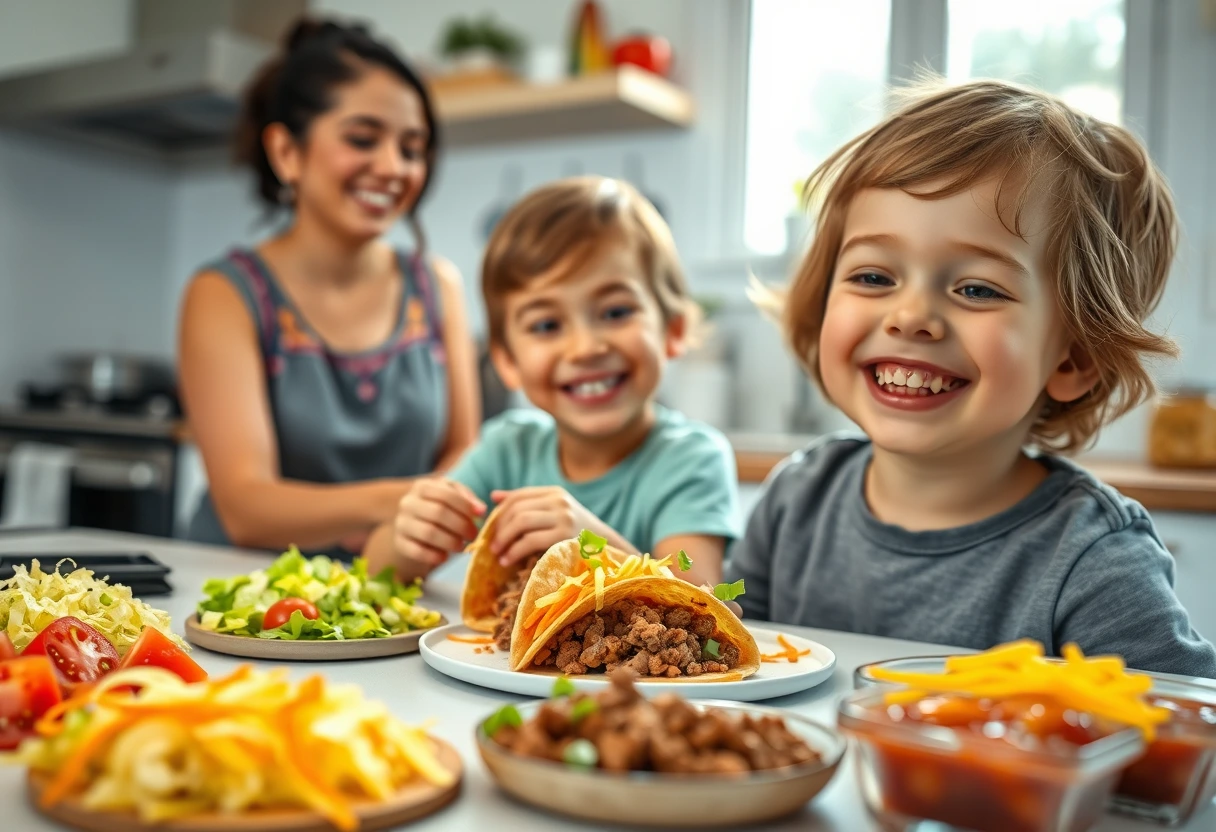 A child happily assembling their own taco from a spread of colorful ingredients, with a single mom smiling in the background, illustrating fun and fast meals for single moms on busy nights.