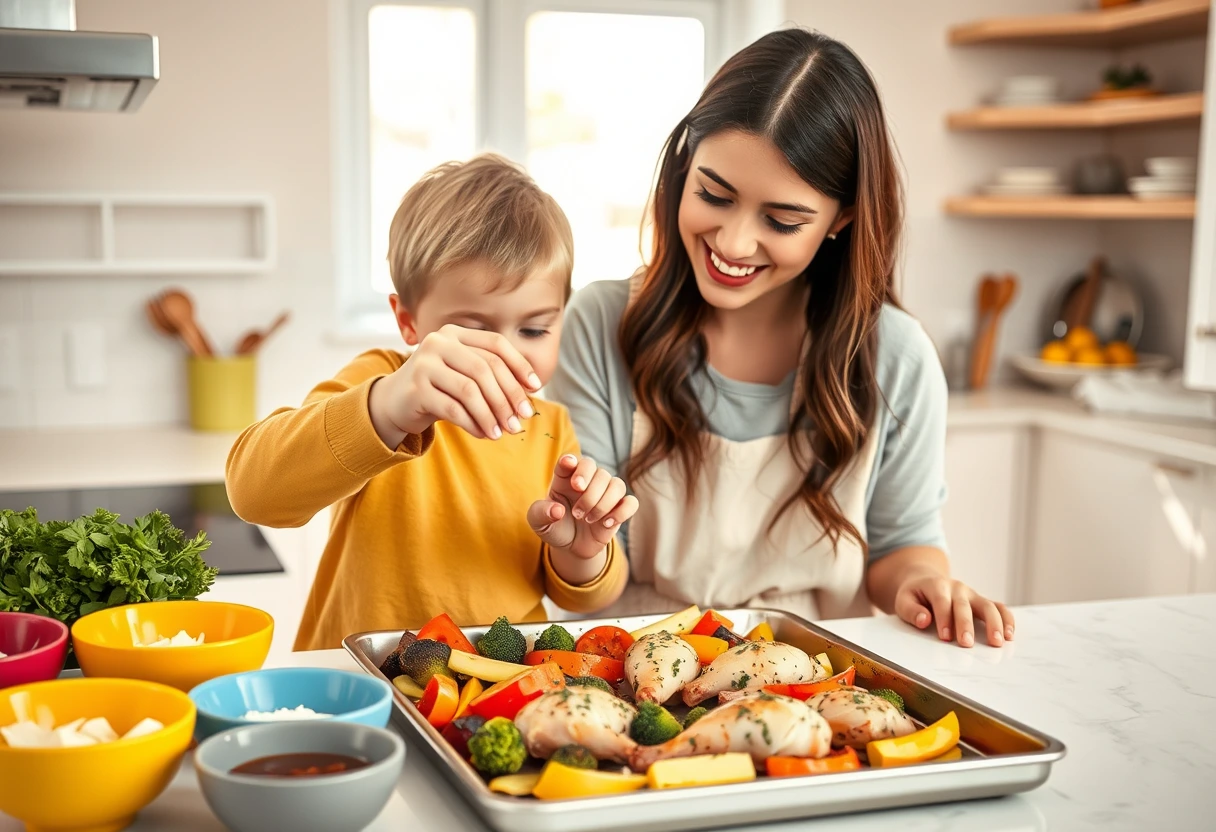 A smiling young mother and her child happily cooking together in a bright, organized kitchen, demonstrating fast meals that make family cooking fun. There are prepped ingredients on the counter.