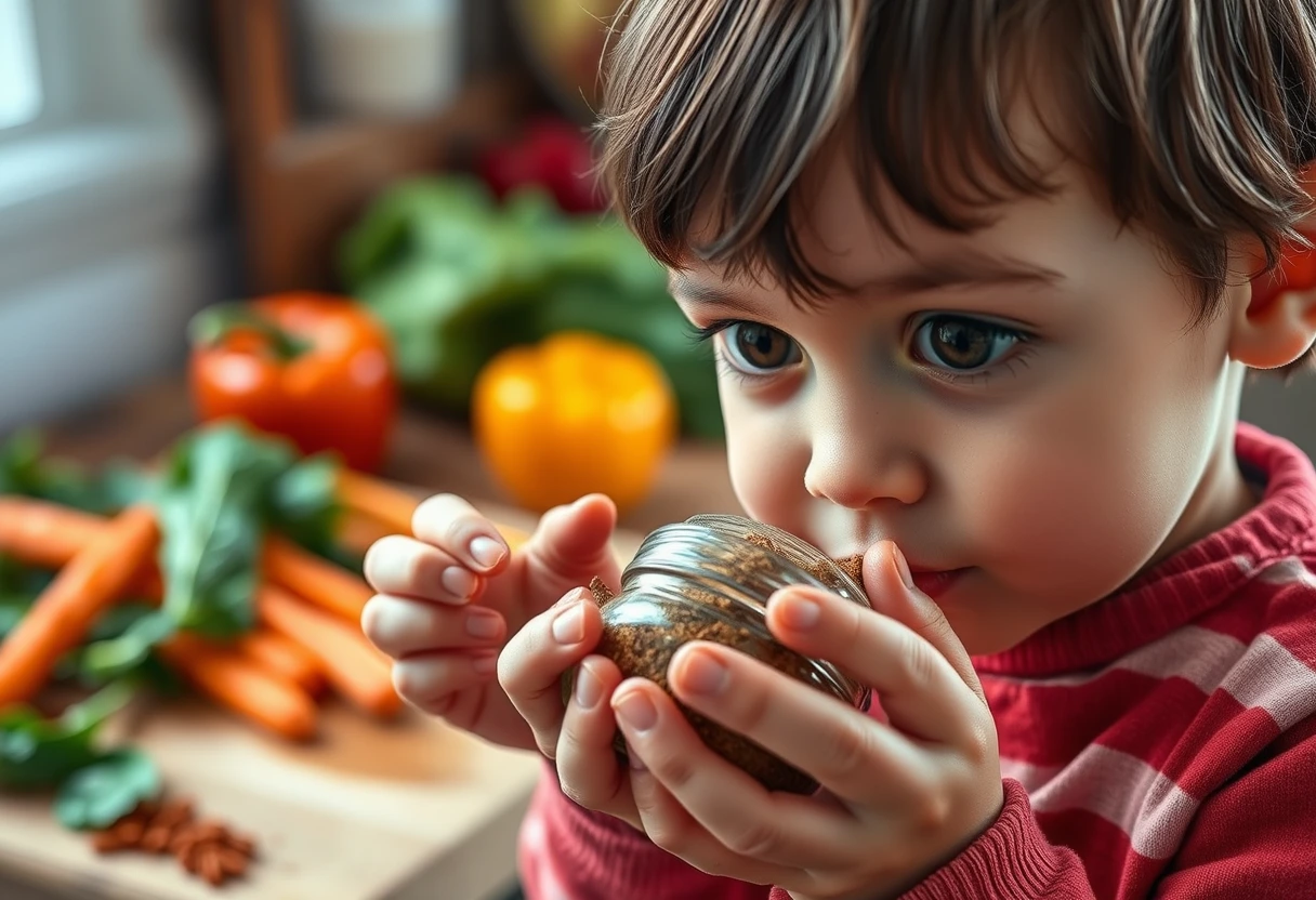 A child curiously sniffing a spice jar, with a colorful array of fresh vegetables in the background, illustrating how fast meals can make family cooking fun by engaging picky eaters.
