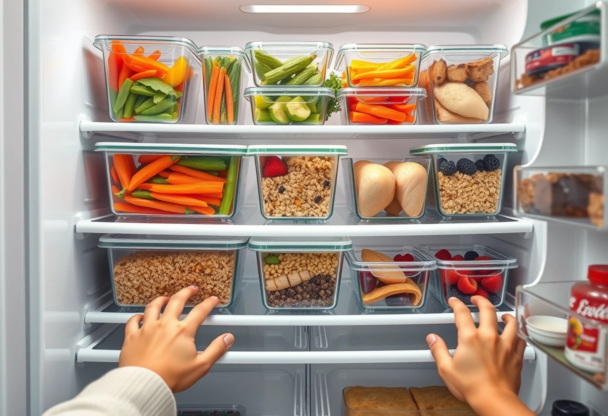 A busy mother organizing containers of pre-cut vegetables, cooked quinoa, and grilled chicken in a refrigerator, ready for fast nutritious lunches for busy school days.