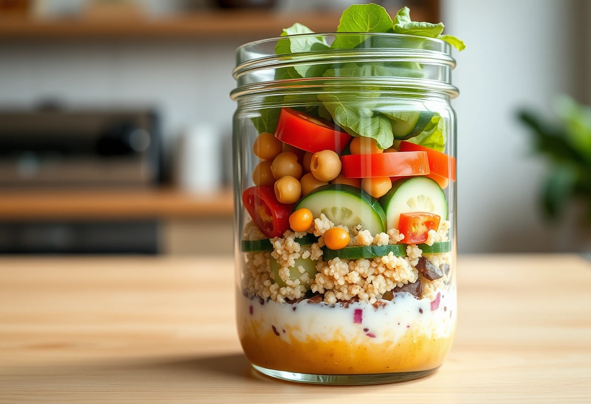 A vibrant, neatly layered salad in a glass mason jar, showcasing colorful vegetables, grains, and protein, symbolizing a fast nutritious lunch for a busy school day.