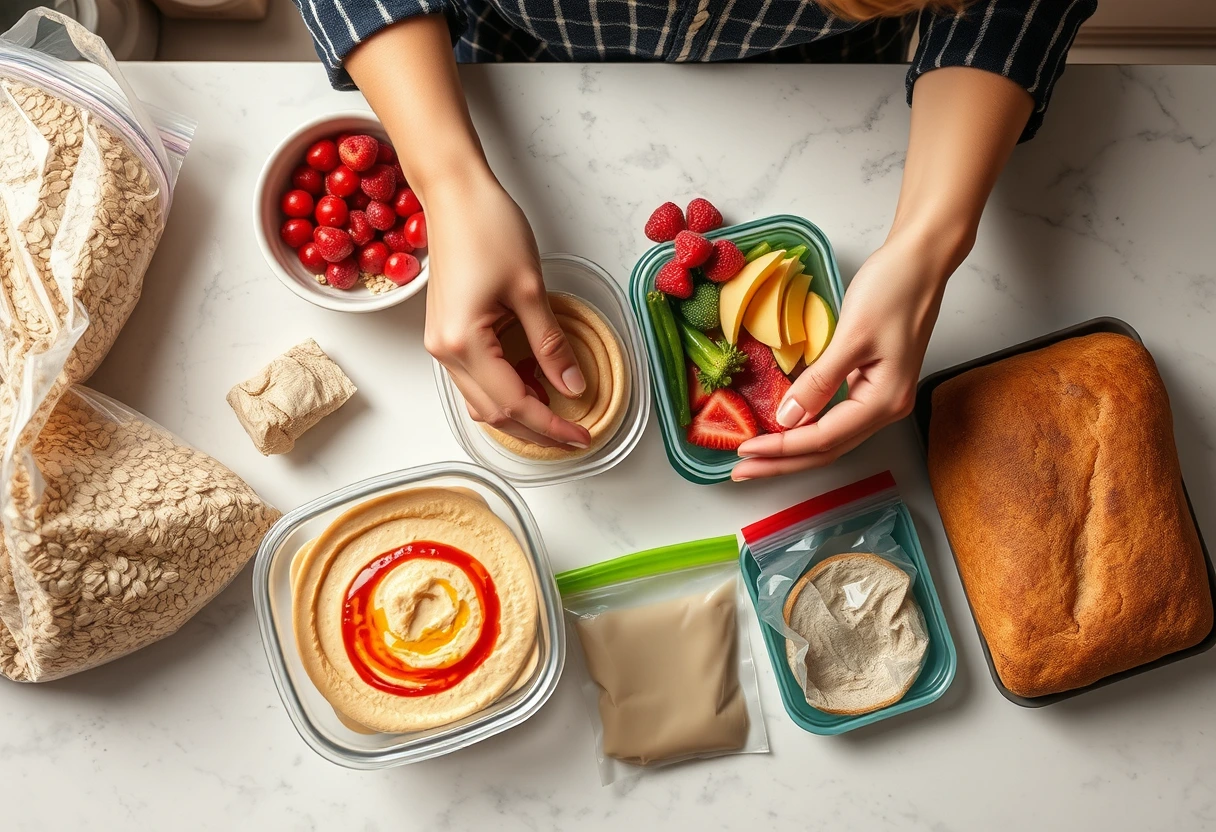 A budget-conscious mother's hands preparing cost-effective, fast nutritious lunches for busy school days, featuring homemade snacks and ingredients in reusable containers.
