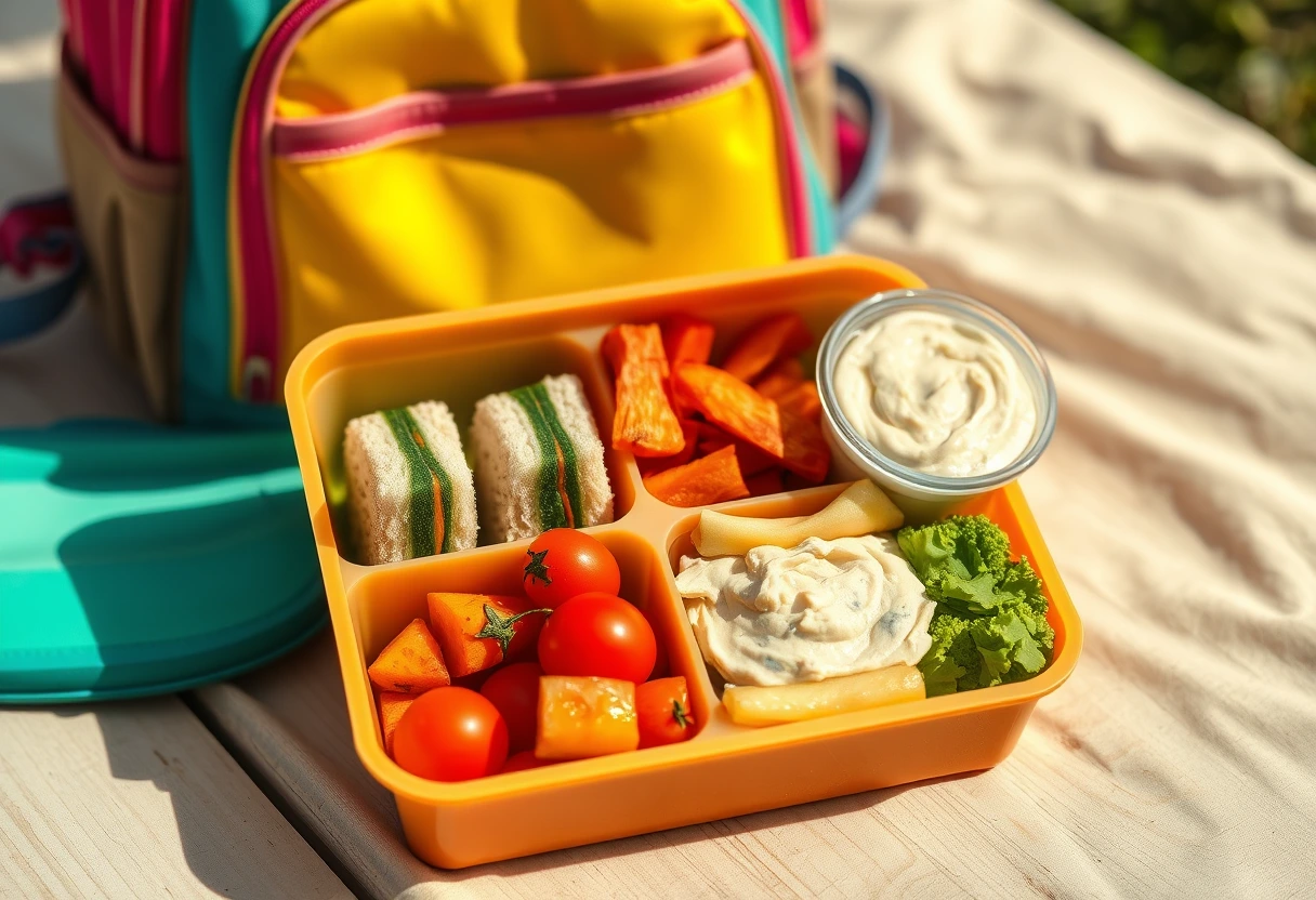 A vibrant bento box filled with fast veggie recipes for busy moms and kids, including colorful vegetable sticks, mini cucumber sandwiches, and roasted sweet potato cubes, ready for a school lunch.