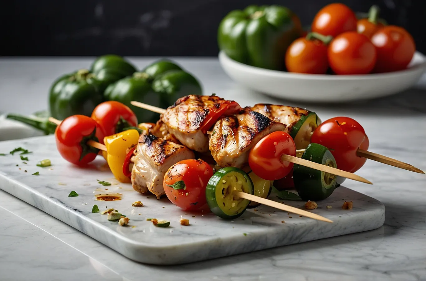 Tender chicken, bell peppers, cherry tomatoes, and zucchini grilled on skewers.
