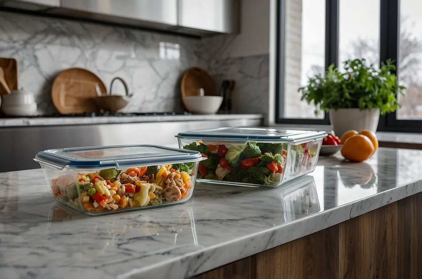 Food containers with prepped meals.