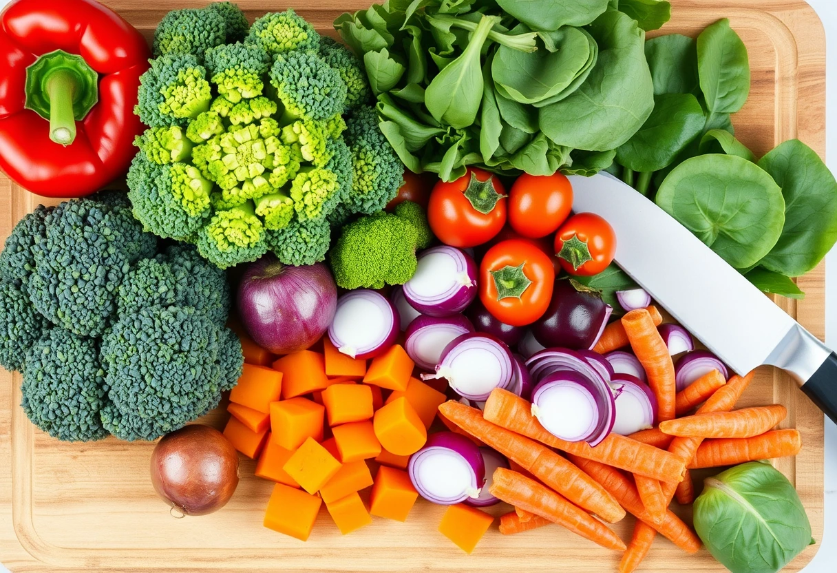 A vibrant array of colorful, fresh vegetables arranged artistically on a kitchen counter, ready for meal prep, symbolizing the fresh and nutritious ingredients for frugal family dinners busy moms rely on.