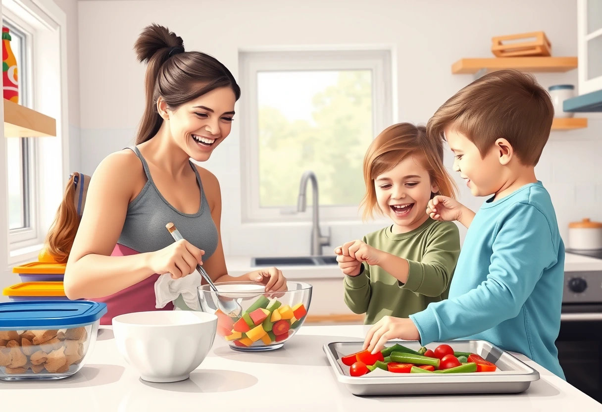 A smiling mother effortlessly managing multiple tasks in her kitchen, surrounded by healthy ingredients and meal prep containers, demonstrating the ease of Frugal Fit Mom Inspired Meals for Busy Families.
