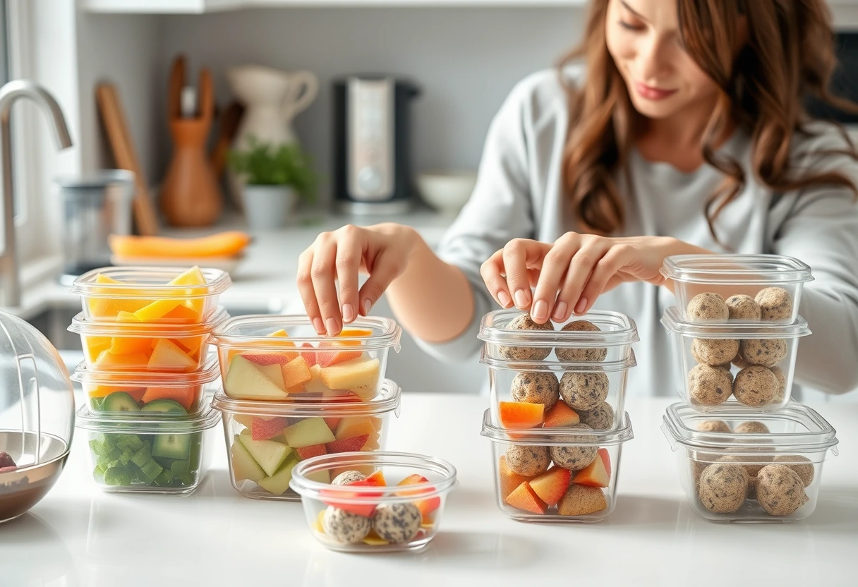 A busy young mother efficiently meal prepping a variety of healthy and fun and easy snacks kids will love, neatly organized in clear containers on a kitchen counter. The scene emphasizes time-saving meal prep for kid-friendly snacks, with fresh fruits, vegetables, and homemade muffins ready to go.