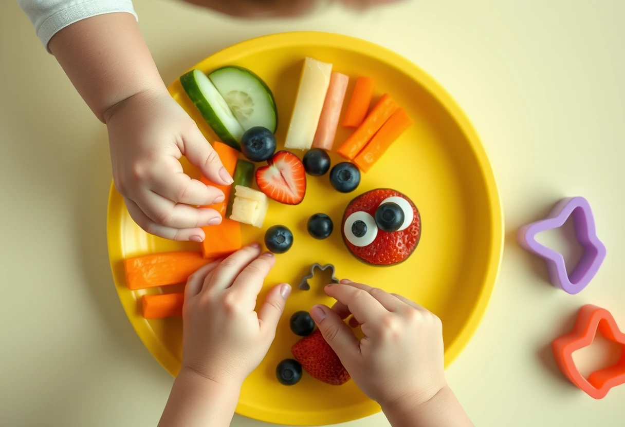 A colorful array of cut vegetables and dips, creatively arranged to entice children, showcasing fun and easy snacks kids will love. There are carrot sticks, cucumber slices, bell pepper strips, and cherry tomatoes with small bowls of hummus and ranch dip, all ready for a quick and healthy snack.