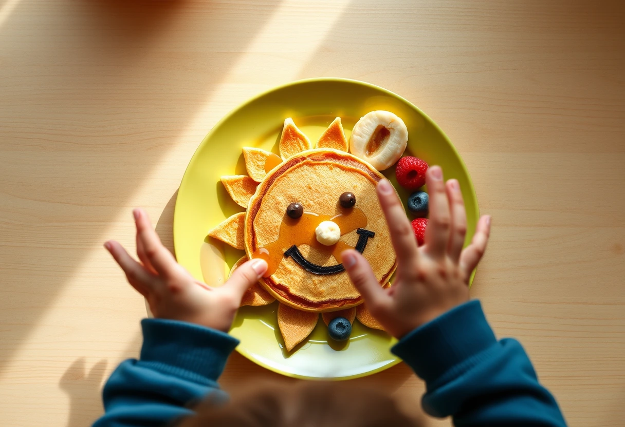 A happy child sitting at a kitchen counter, joyfully eating a plate of creatively shaped pancakes and fruit, representing fun breakfast ideas to start kids’ days right.
