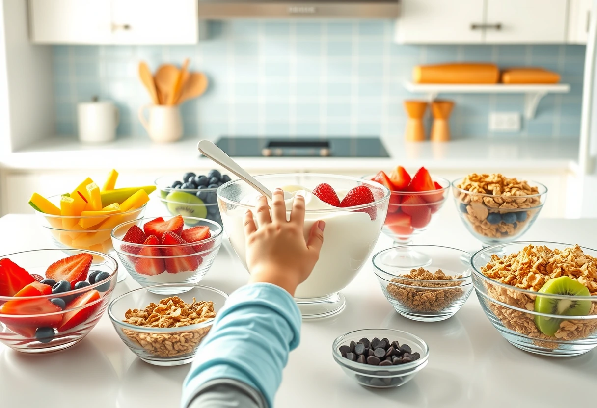 A colorful spread on a kitchen counter featuring bowls of fruit, yogurt, and granola for a DIY parfait bar, illustrating joyful fun breakfast ideas to start kids’ days right.