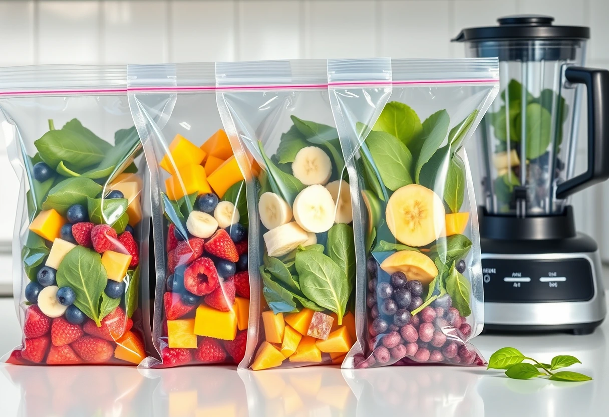 Several colorful freezer bags filled with pre-portioned smoothie ingredients (frozen fruit, spinach) ready for blending, symbolizing convenient fun breakfast ideas to start kids’ days right.