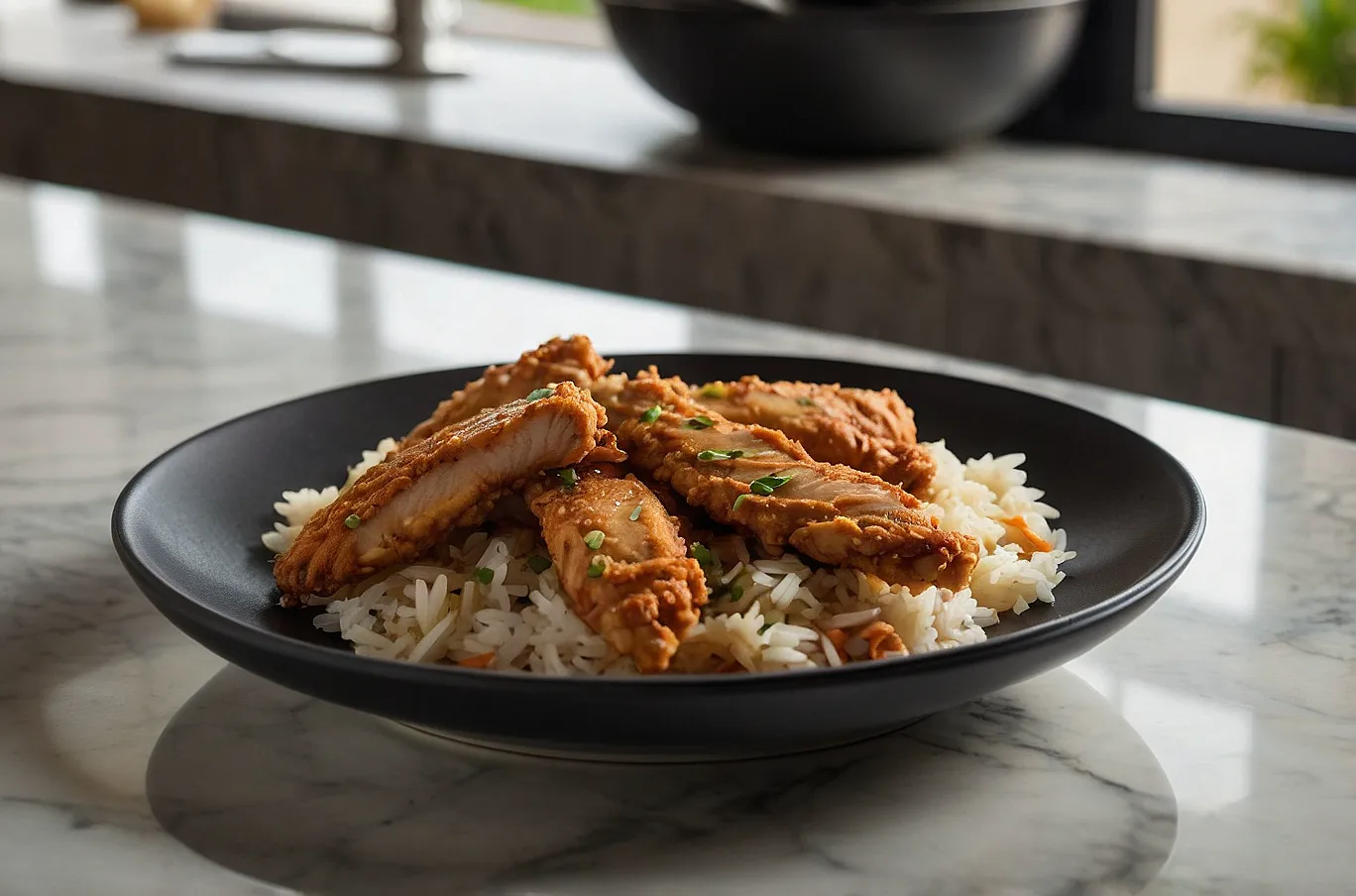 Tender chicken strips served with fluffy rice on a plate.