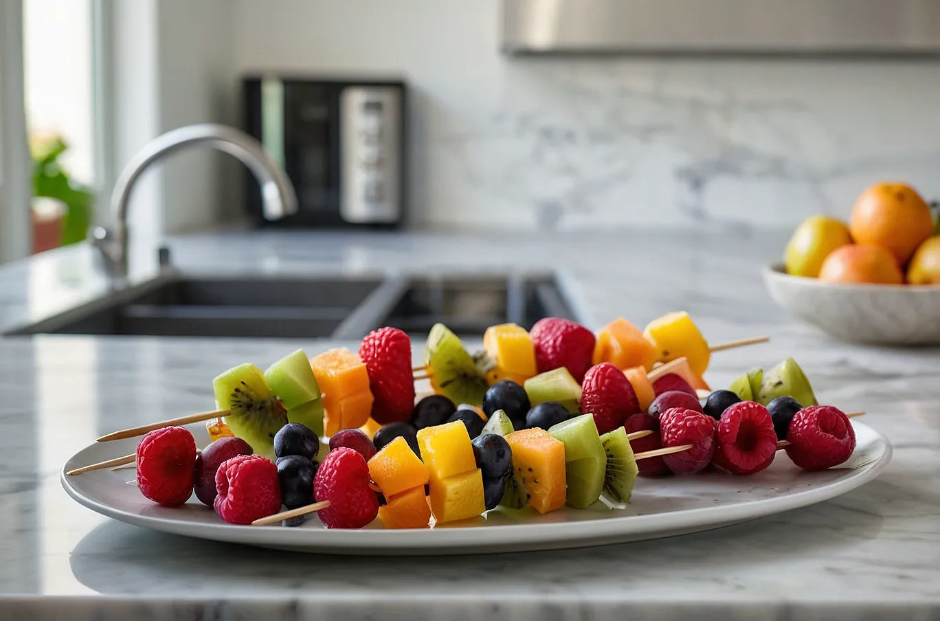 Colorful fruit skewers with a variety of fresh, juicy bites — fun, vibrant, and refreshing.