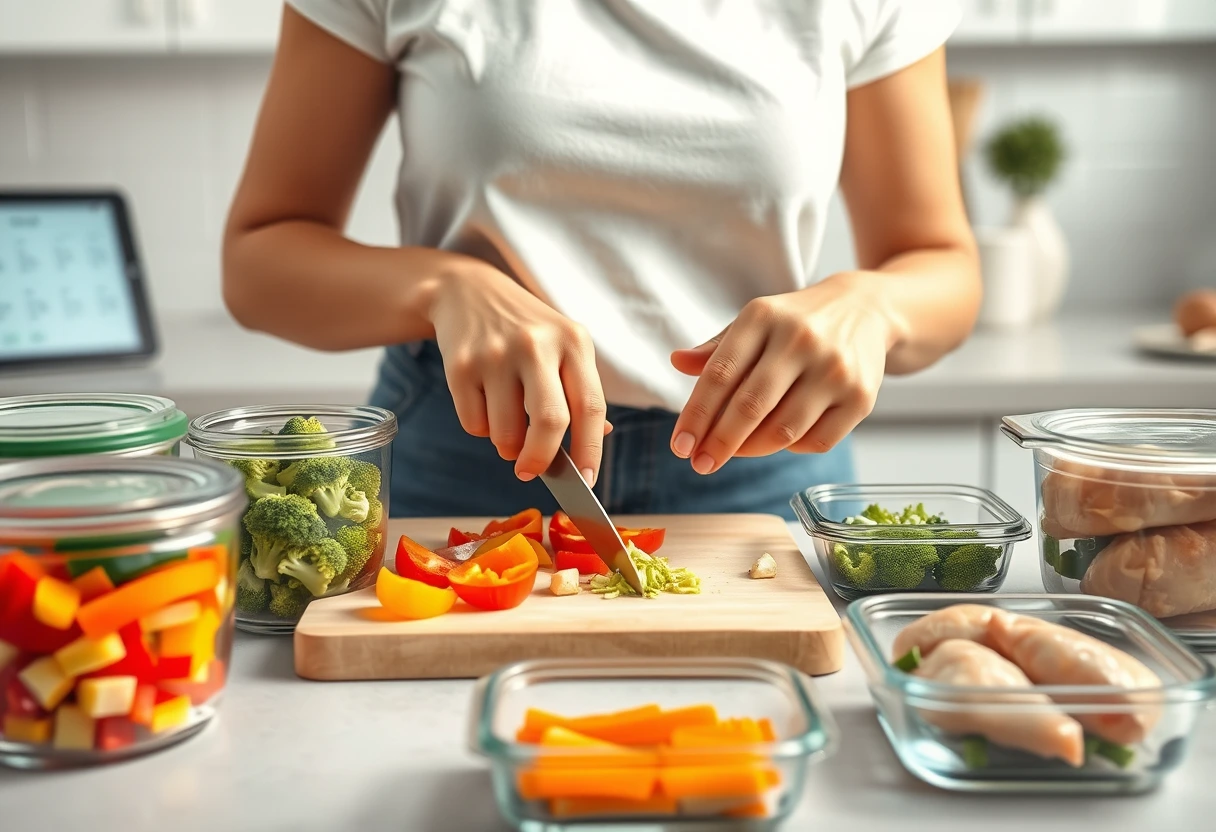A busy mother efficiently meal prepping various ingredients in her kitchen, surrounded by pre-chopped vegetables and pre-cooked proteins, symbolizing healthy quick weeknight meals.