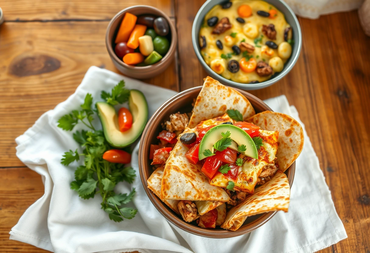 A vibrant and creative dinner made from reinvented leftovers, showcasing a busy mother's ingenuity in preparing healthy and quick weeknight meals using existing ingredients.