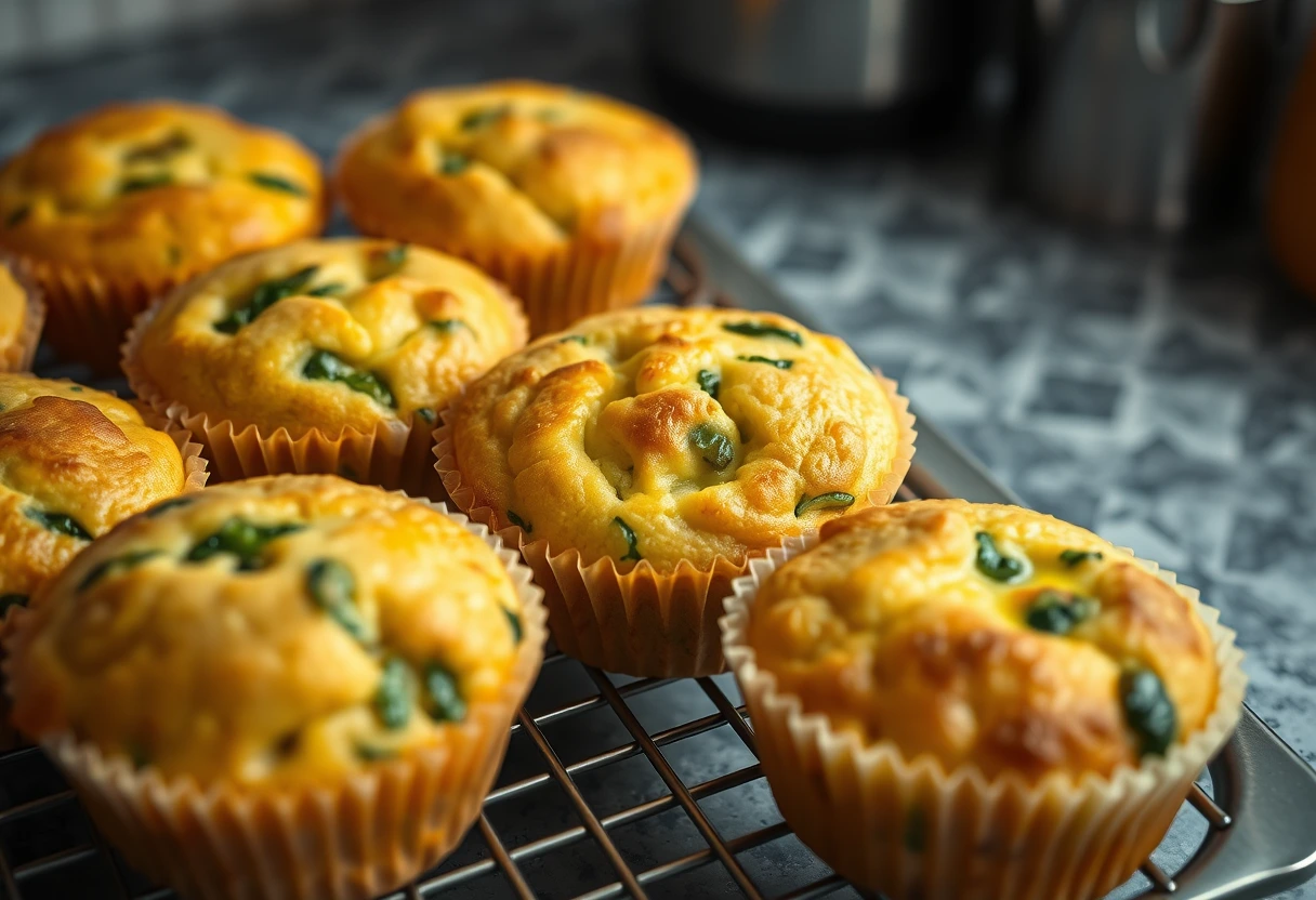 Close-up of baked egg muffins filled with spinach and bell peppers, ready for healthy breakfast meal prep, perfect for busy moms.