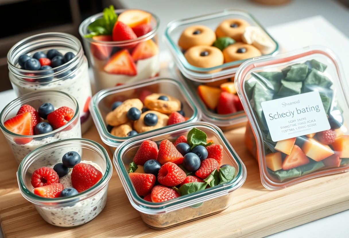 A selection of healthy breakfast meal prep items including colorful overnight oats, egg muffins, and a pre-portioned smoothie pack, all neatly arranged in containers, showcasing easy make-ahead options busy moms love.