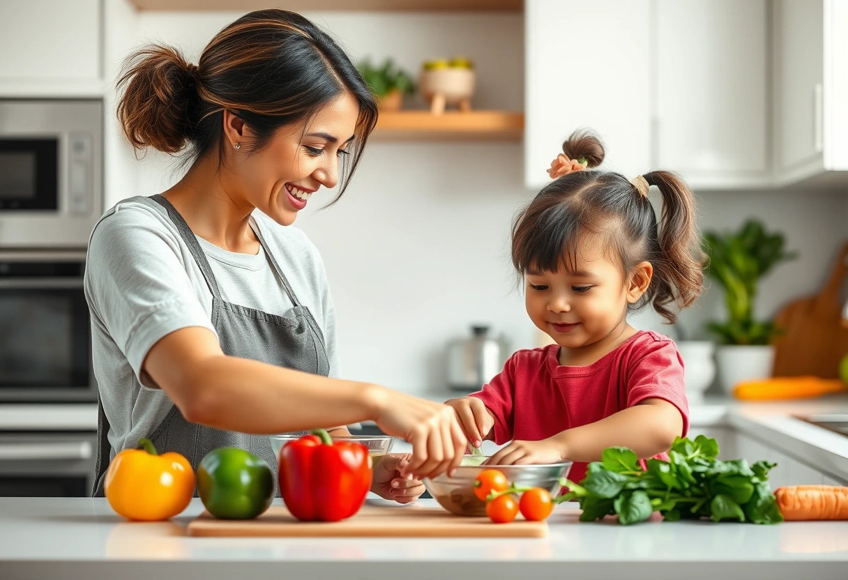 A young mother and her child happily preparing healthy dishes for picky eaters together in a clean, bright kitchen, showing fresh ingredients and colorful food.