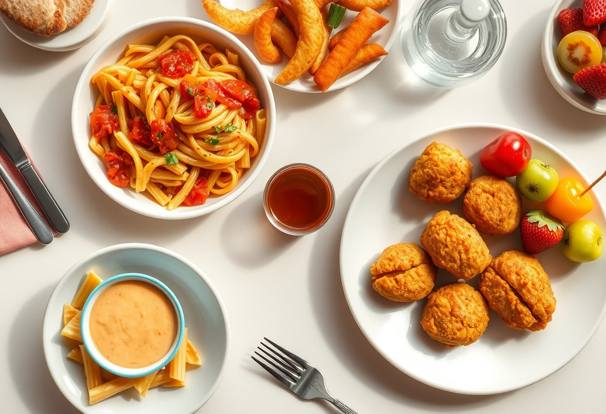 A colorful array of healthy dishes for picky eaters, including hidden veggie pasta, chicken nuggets, and fruit skewers, beautifully arranged on a child-friendly table setting.