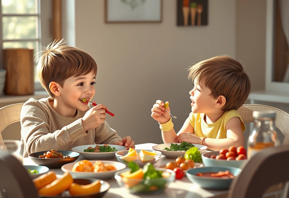 A smiling young mother and her child enjoying a meal together at a table filled with various healthy dishes for picky eaters, fostering a positive dining experience.