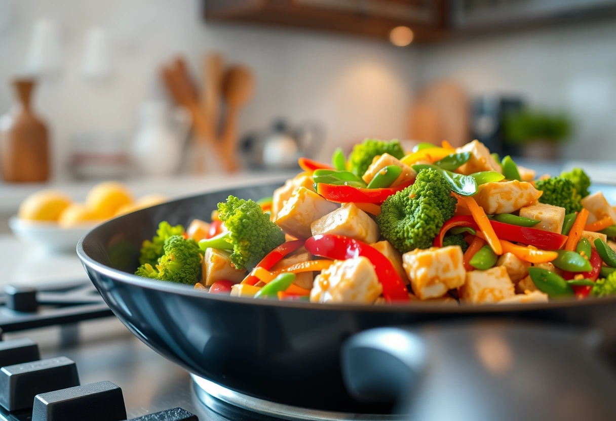 A vibrant, healthy stir-fry dish with colorful vegetables and chicken, ready in a pan, symbolizing quick and nutritious family meals for busy schedules.
