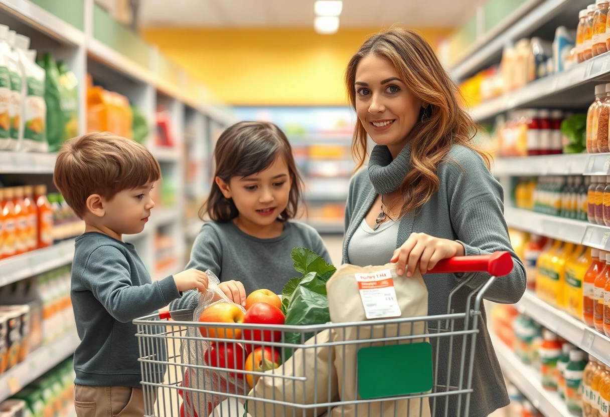 A young mother with two children in a grocery store, filling a cart with affordable healthy recipes ingredients, emphasizing healthy family meals that won't break the bank.