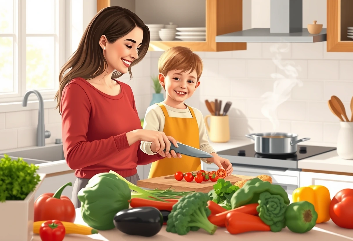 A mother and child happily preparing a meal together in a bright kitchen, chopping fresh vegetables, symbolizing the joy and affordability of cooking healthy family meals that won't break the bank.