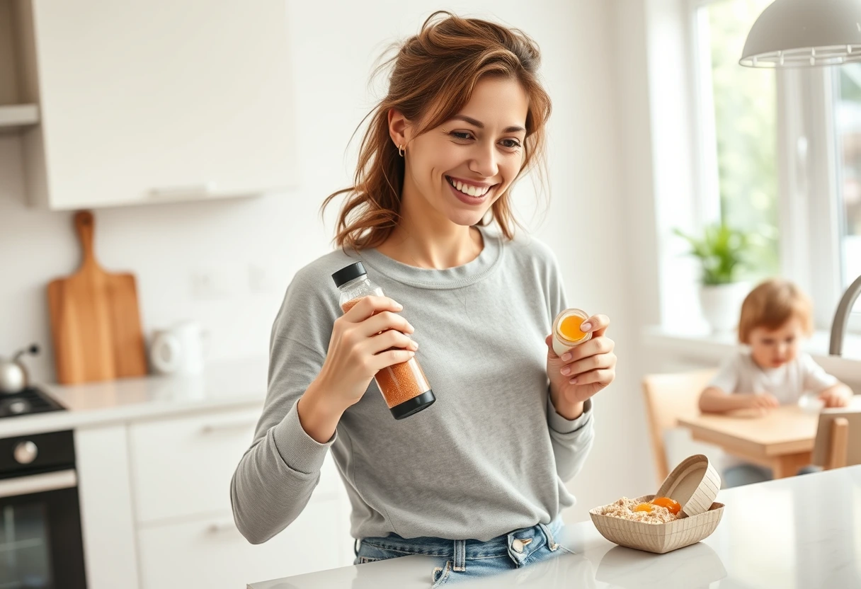 A smiling mom quickly grabbing a healthy, protein-rich breakfast from a countertop, featuring a smoothie and a hard-boiled egg. Her child is visible in the background, playing. The scene captures the essence of healthy, protein-rich breakfasts for moms on the go.
