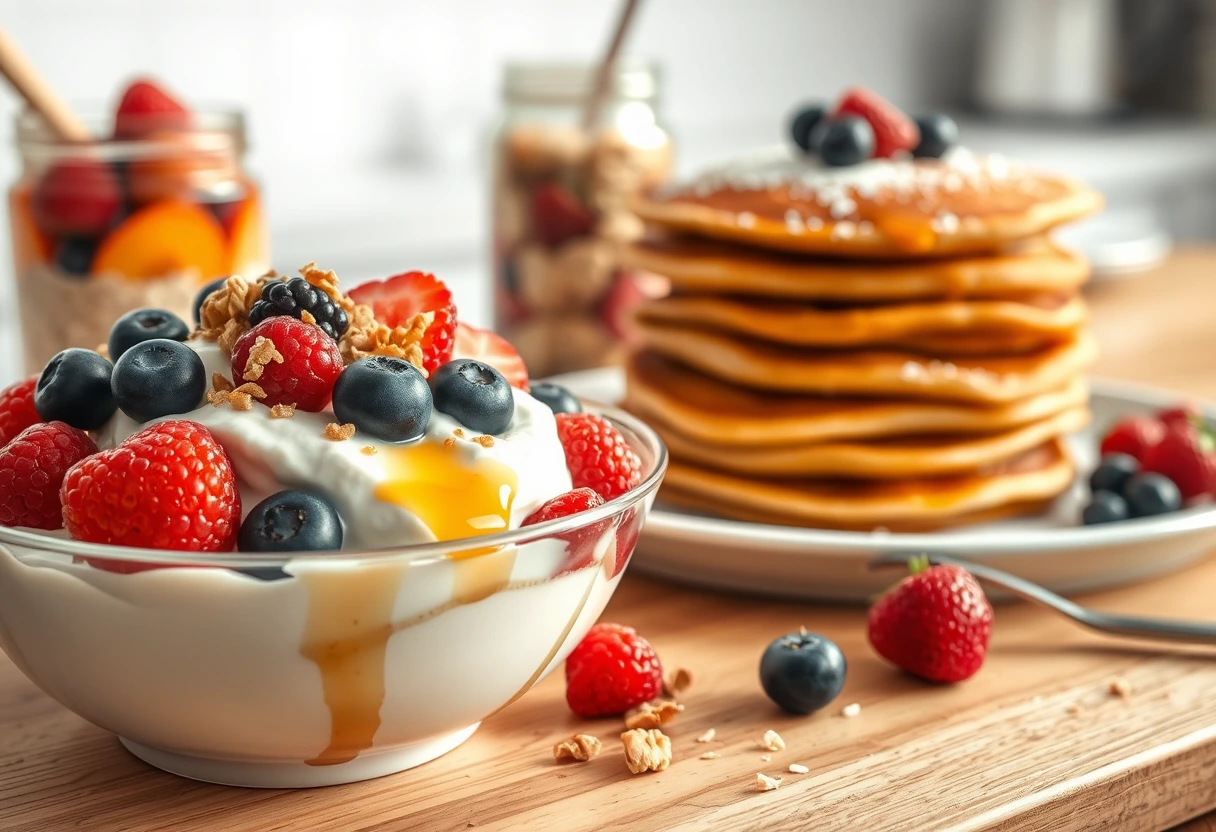 A variety of sweet and satisfying healthy, protein-rich breakfast options displayed beautifully on a kitchen counter: a bowl of Greek yogurt with berries, a stack of protein pancakes, and a jar of overnight oats. The scene is bright and inviting, showcasing healthy, protein-rich breakfasts for moms on the go.