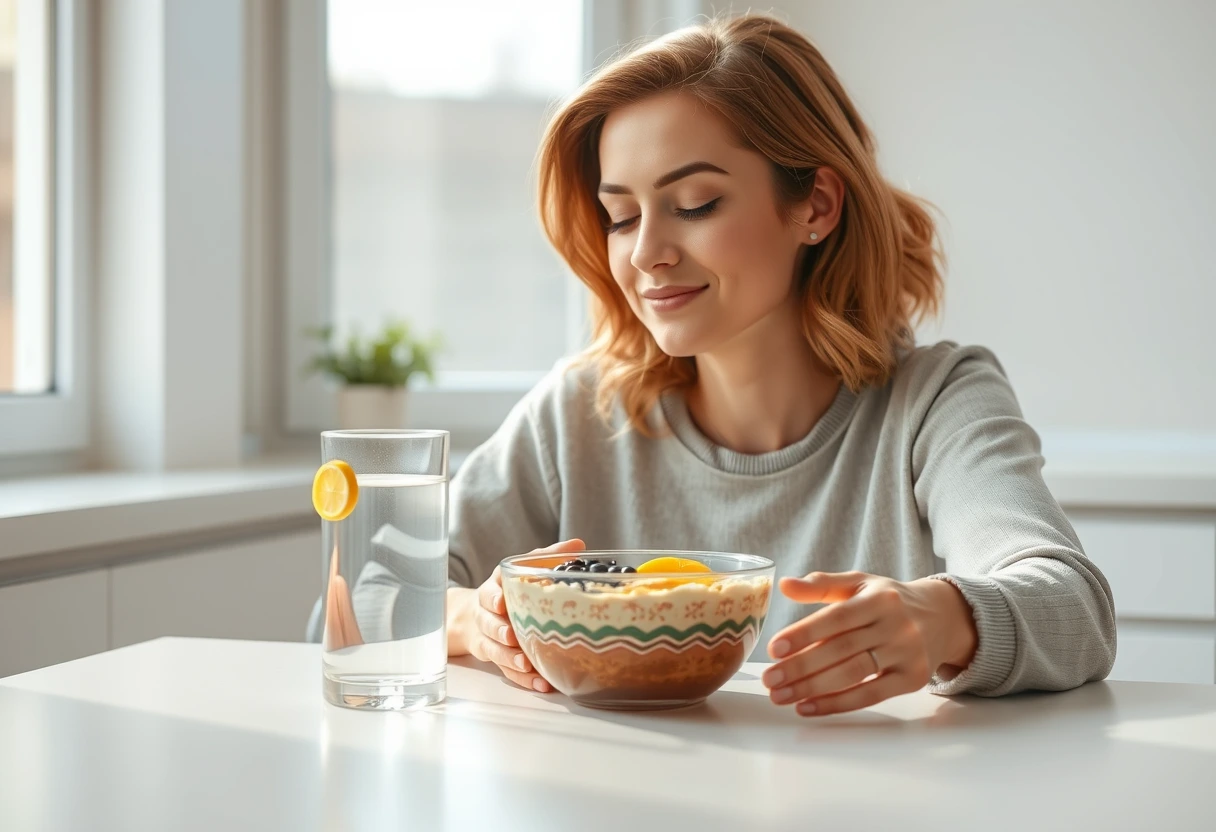A mom taking a moment to mindfully enjoy her healthy, protein-rich breakfast, consisting of a smoothie and a bowl of fruit, next to a glass of water. The setting is calm and bright, emphasizing the importance of hydration and mindful eating while consuming healthy, protein-rich breakfasts for moms on the go.