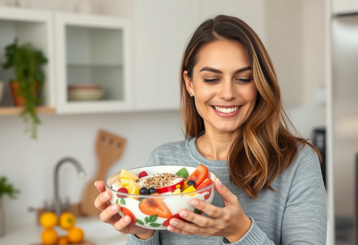 A busy mom smiling while holding a colorful, healthy breakfast bowl, representing high-protein, low-calorie breakfasts for busy moms.