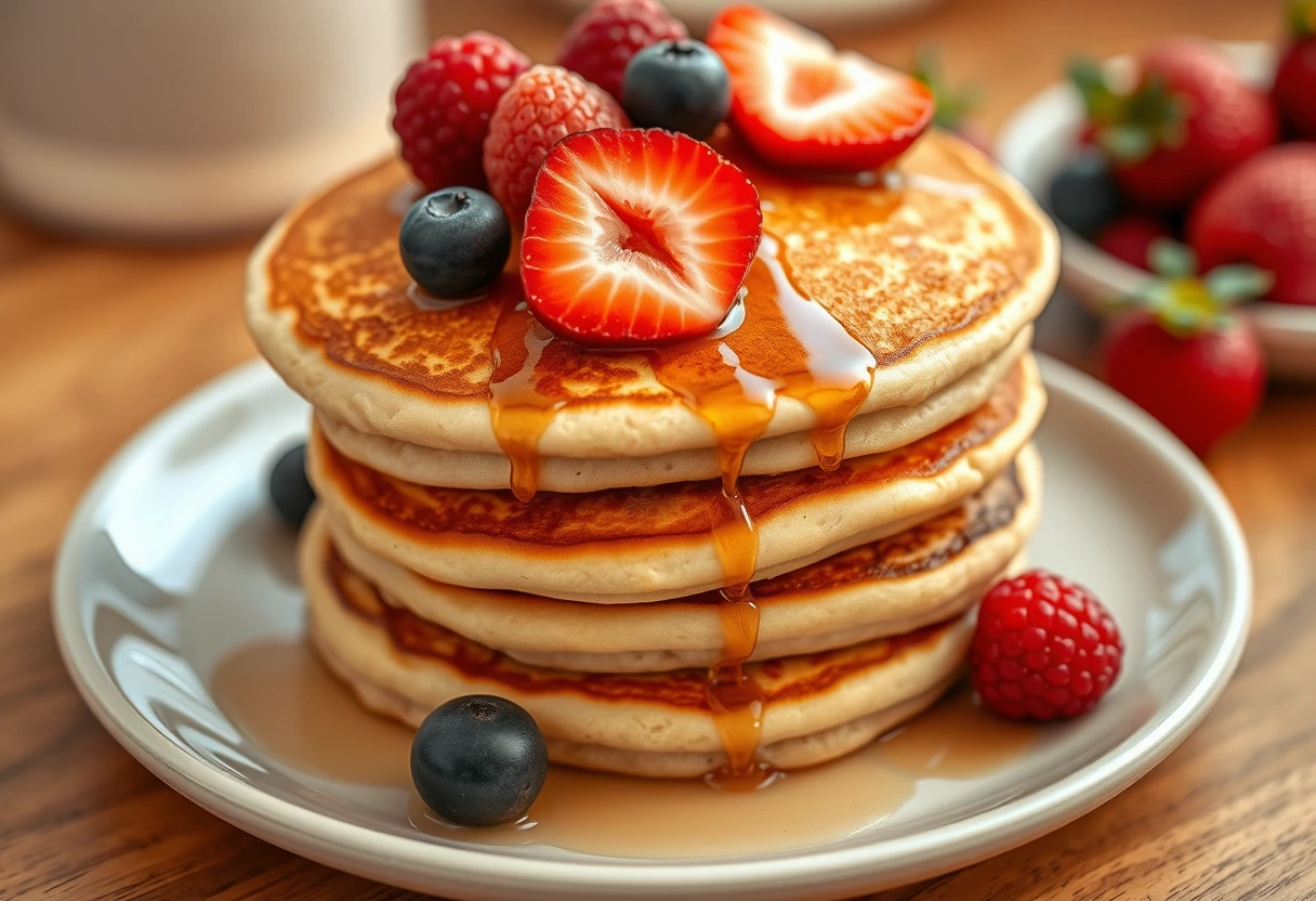 A close-up of a stack of fluffy protein pancakes with berries, representing delicious high-protein, low-calorie breakfasts for busy moms.