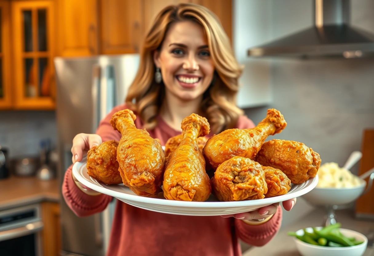 A busy mom proudly presenting a plate of golden-brown, crispy homemade KFC-inspired fried chicken, with a side of mashed potatoes and green beans, the kitchen is clean and well-lit. homemade KFC inspired meals for busy moms