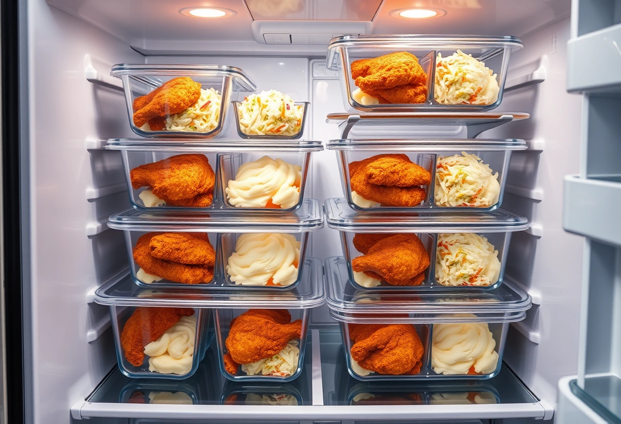 A variety of meal prep containers filled with homemade KFC-inspired chicken, mashed potatoes, and coleslaw, neatly stacked in a refrigerator, ready for the week. homemade KFC style meals for busy moms