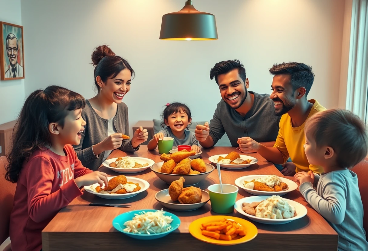 A happy, diverse family, including a busy mom and her children, gathered around a dining table, laughing and enjoying their homemade KFC-inspired meal, with colorful plates and cups. homemade KFC style dinners for busy moms