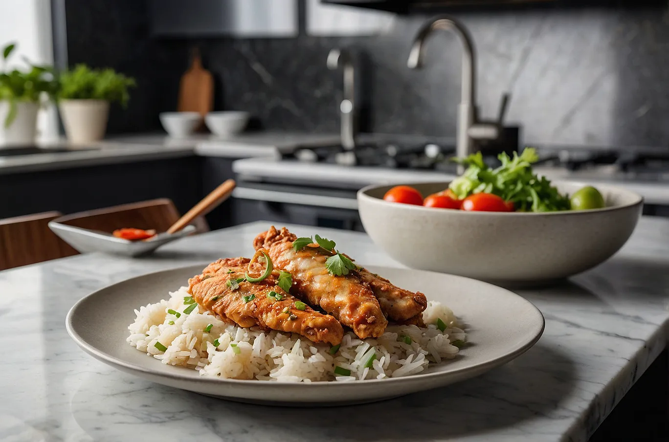 Tender chicken strips served with fluffy rice on a plate.