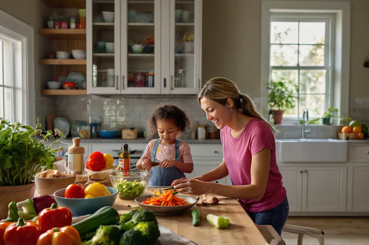 A modern kitchen scene with a busy mom multitasking—helping a child with homework while stirring a colorful veggie stir-fry on the stove. Fresh vegetables are scattered across the counter in a cheerful, lived-in kitchen. Warm, natural lighting. Candid, energetic, family-oriented vibe.